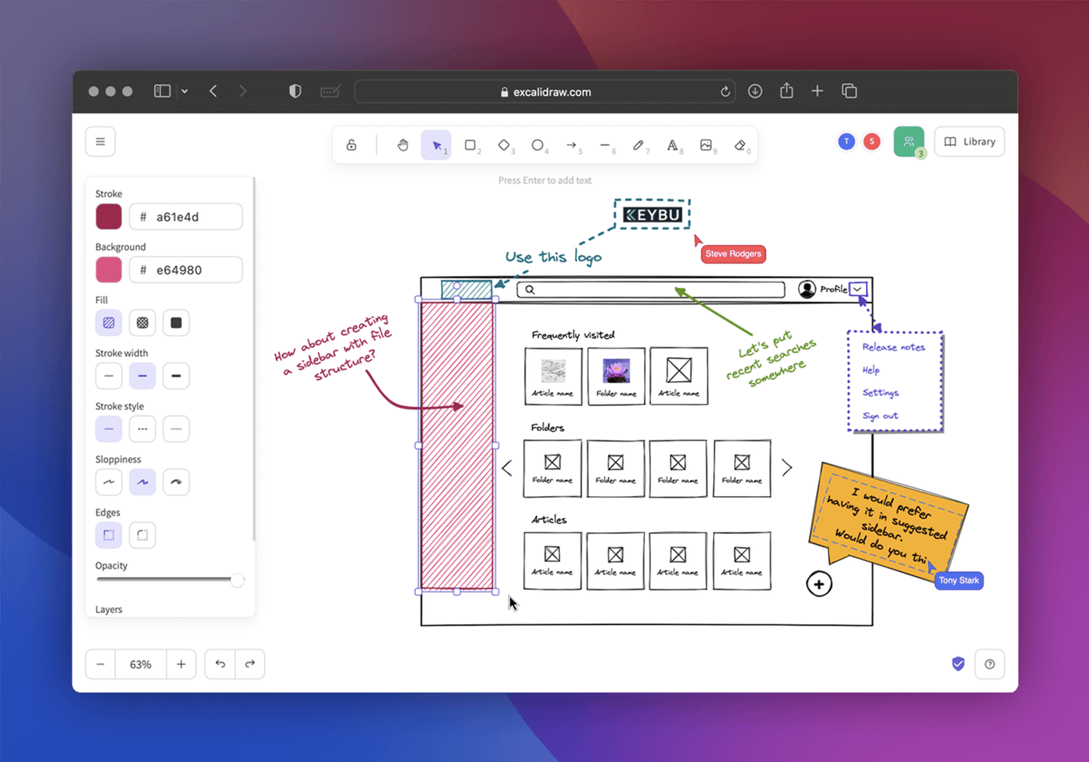 This image showcases a digital wireframe created using Excalidraw, a collaborative online whiteboard tool. The design features a website layout with a search bar, profile options, and sections for frequently visited items, folders, and articles. Annotations and sticky notes, including one from 'Tony Stark,' provide feedback and suggestions for the design, highlighting the collaborative and iterative nature of the process.