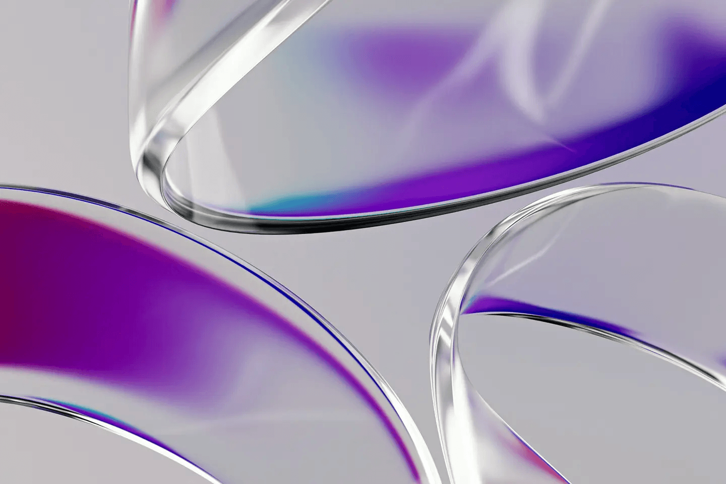 This abstract image features flowing, transparent shapes with vibrant purple and blue gradients. The curves create a sense of movement and fluidity against a soft, neutral background. The overall mood is modern and artistic, with a focus on light and color.