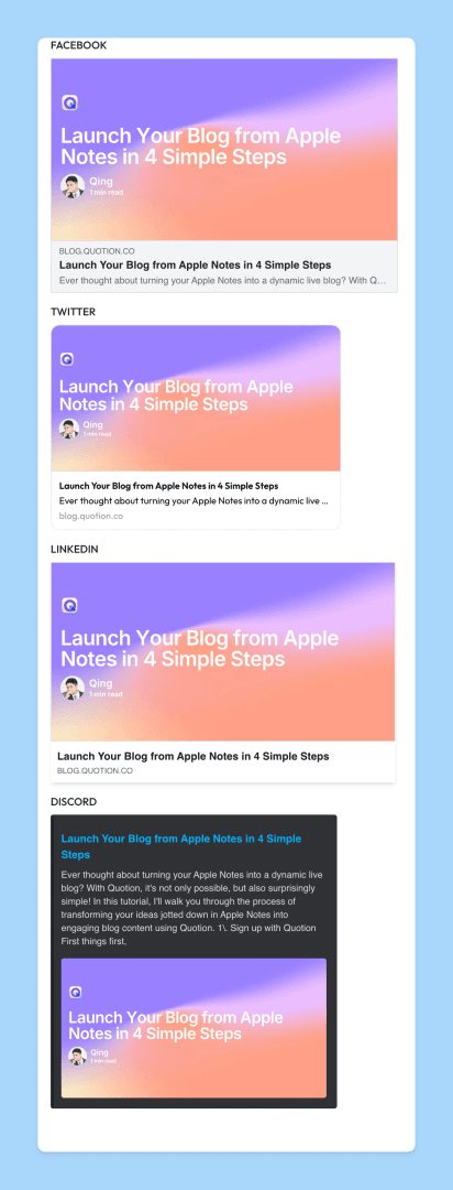 This image showcases a blog post titled 'Launch Your Blog from Apple Notes in 4 Simple Steps' across various social media platforms like Facebook, Twitter, LinkedIn, and Discord. The design features a gradient background with the blog title prominently displayed, along with the author's name and a brief description. The overall mood is informative and inviting, aiming to guide readers through the process of creating a blog from Apple Notes.