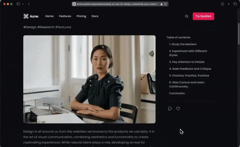 The image showcases a blog post titled 'Developing an Eye for Design - Unleashing Your Creativity' on a website. The main subject is a woman sitting at a desk, likely the author or a featured designer. The overall mood is professional and informative, with a clean and modern design.