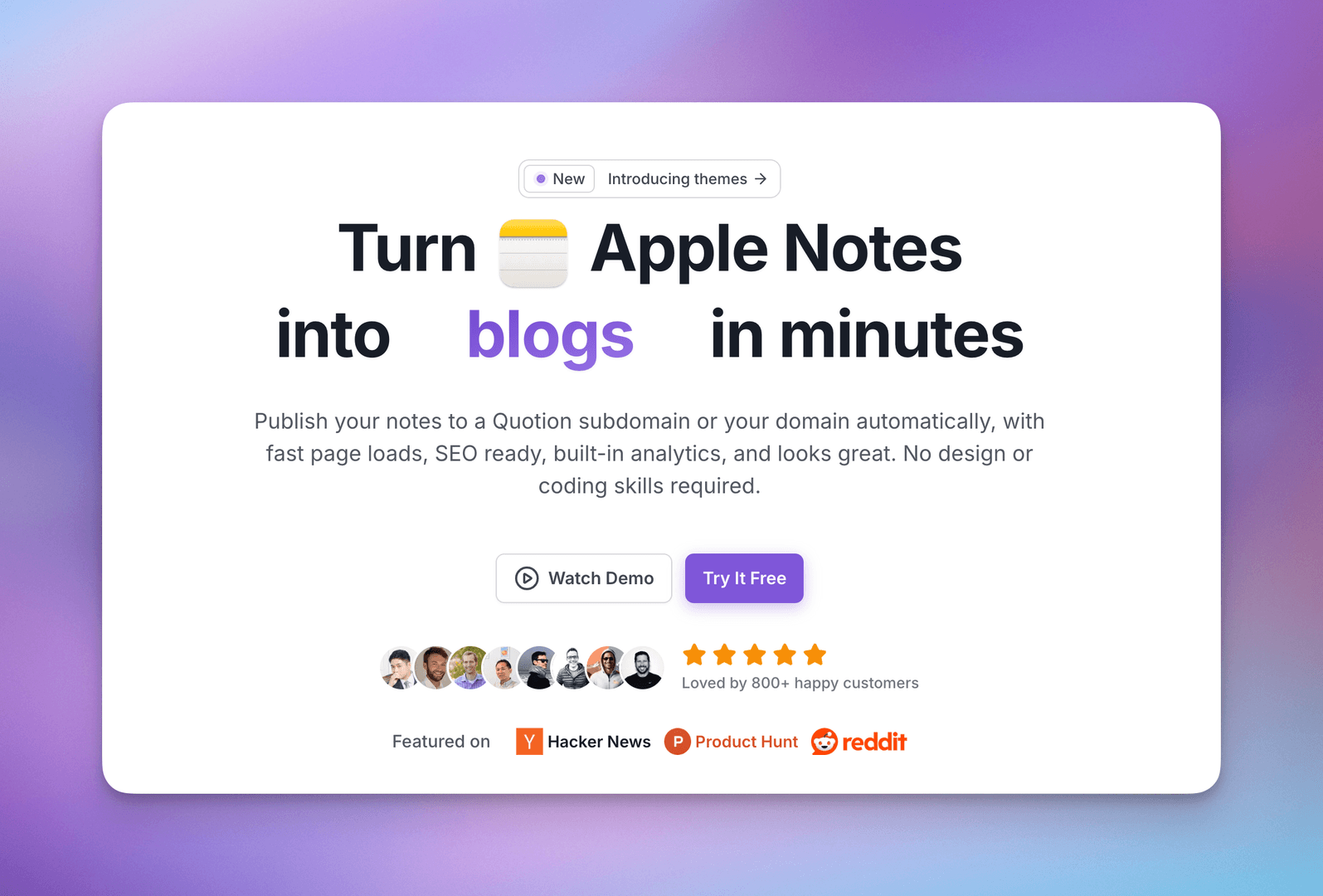 This image is a website landing page promoting a service that turns Apple Notes into blogs in minutes. The design is clean and modern, with a focus on simplicity and ease of use, as indicated by the 'No design or coding skills required' tagline. The page features a call to action to 'Try It Free' and highlights features like fast page loads and SEO readiness.
