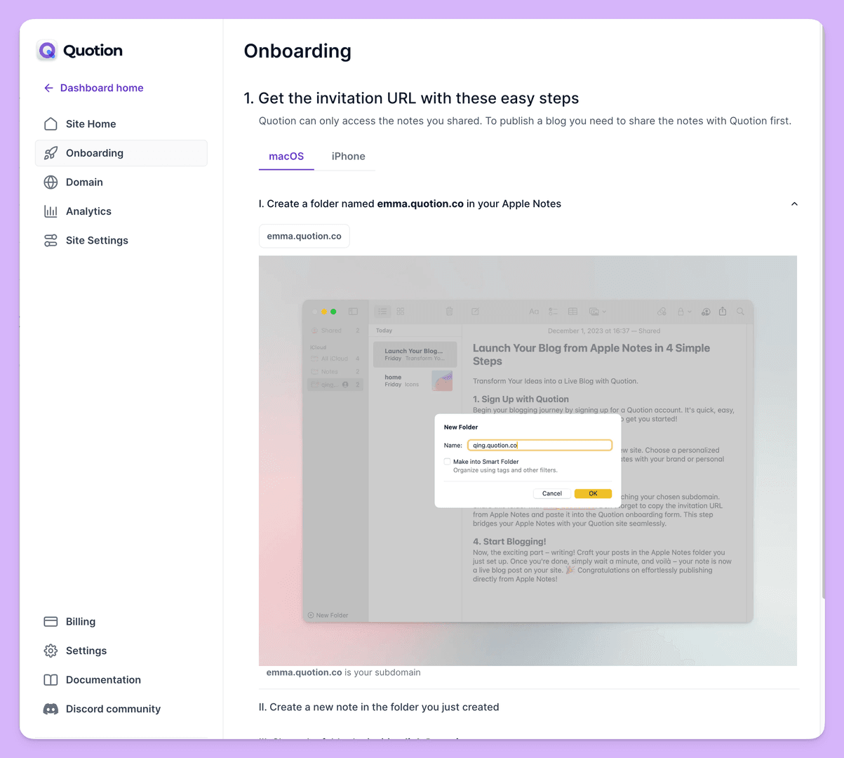 This image showcases the onboarding process for Quotion, a platform for publishing blogs from Apple Notes. The guide instructs users to create a folder named 'ging.quotion.co' within their Apple Notes app. The mood is informative and user-friendly, with a clean interface and clear instructions.
