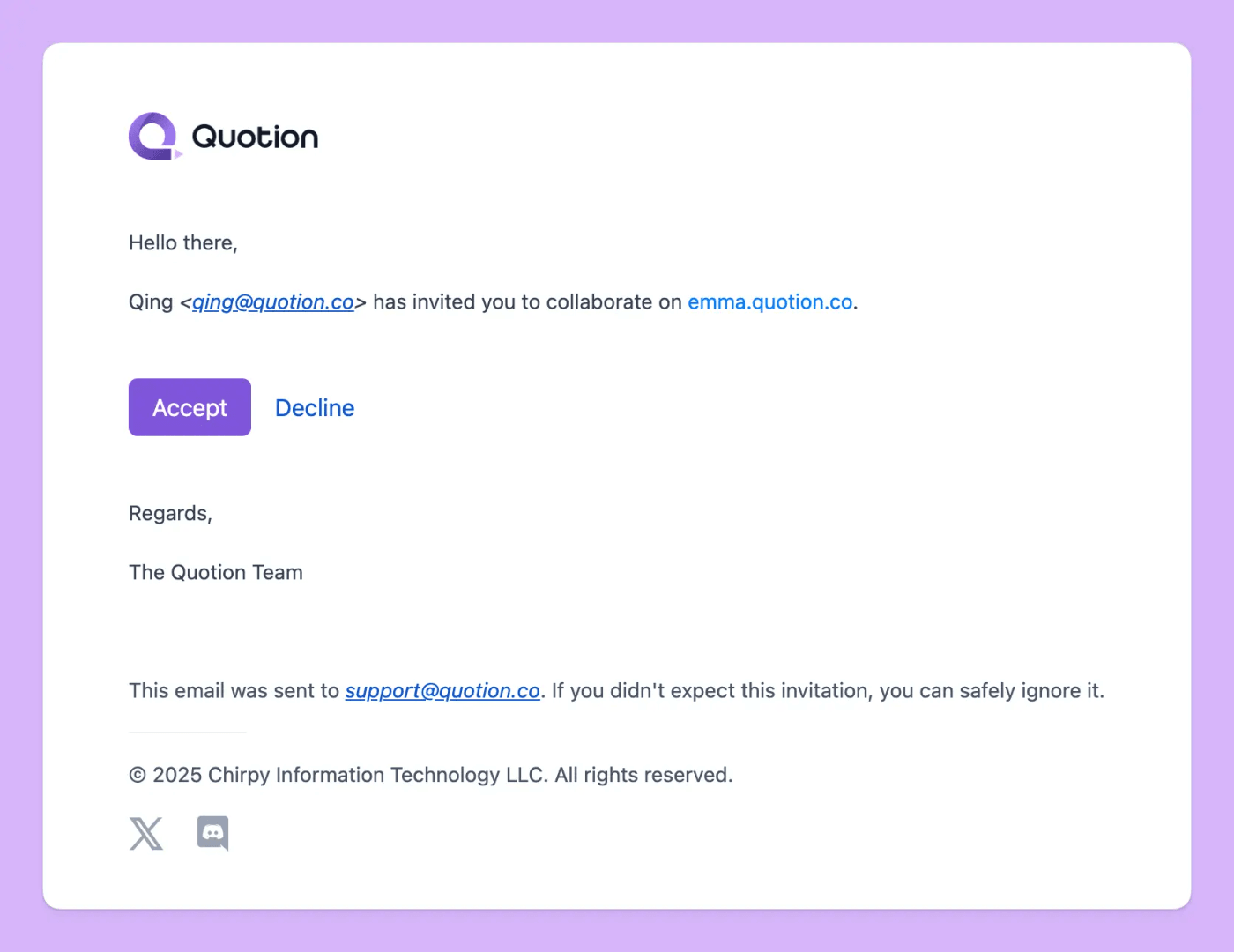 The image showcases an email from 'Quotion' inviting the recipient to collaborate on emma.quotion.co. The email includes 'Accept' and 'Decline' buttons, indicating an invitation to join a project. The overall mood is professional and straightforward, with a clean design and a soft purple background.