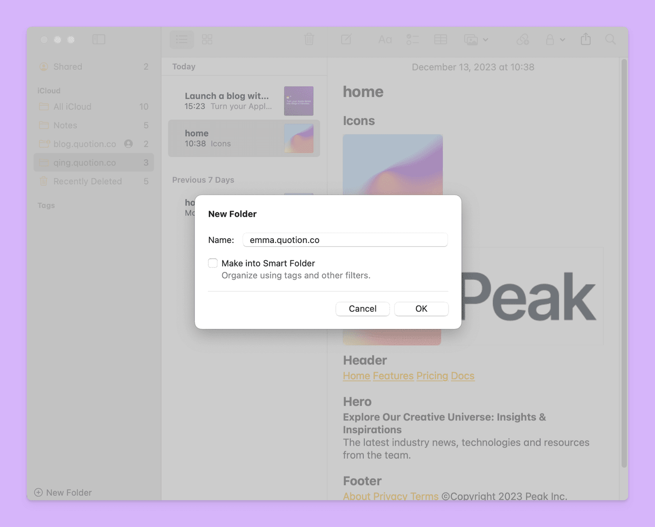 The image shows a Mac desktop with a 'New Folder' dialog box open, prompting the user to name the folder 'emma.quotion.co.' The interface is clean and modern, with a light color scheme and a focus on organization. The overall mood is productive and focused, suggesting the user is working on a project or organizing files.