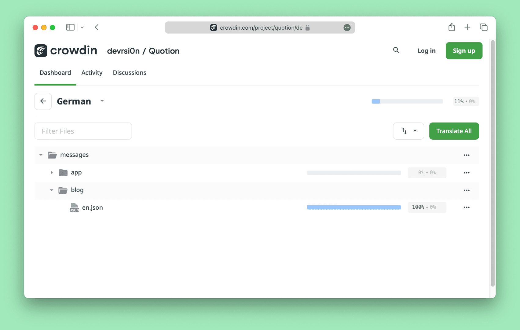 The image shows a web interface for a translation project on Crowdin, with the title 'devrsion / Quotion' visible at the top. The interface displays a list of files and folders, including 'messages,' 'app,' and 'blog,' with progress bars indicating the translation status for each. The user is currently viewing the German translation, as indicated by the 'German' tab.