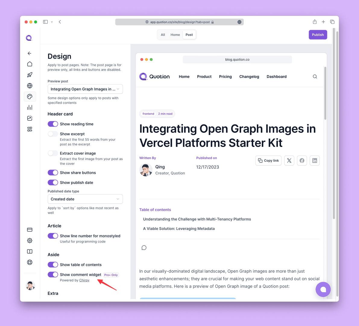 The image showcases a blog post titled 'Integrating Open Graph Images in Vercel Platforms Starter Kit' within a website design interface. The design panel on the left offers various customization options, including the ability to show a comment widget, which is marked as 'Pro Only.' The overall mood is informative and focused on web design and content optimization.