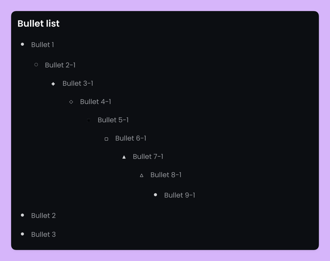 The image showcases a 'Bullet list' with a dark theme, featuring a series of nested bullet points. Each bullet point is labeled with a number and a dash, creating a hierarchical structure. The overall mood is clean and organized, with a focus on presenting information in a clear and concise manner.
