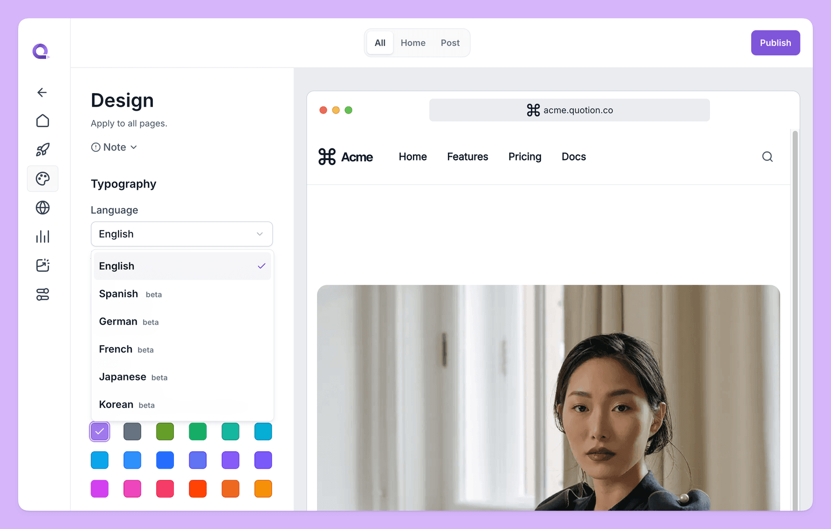 The image showcases a website design interface with a focus on the 'Design' section, specifically the 'Typography' settings. The user is selecting the language for the website, with options like English, Spanish, German, and others. The overall mood is clean and modern, with a focus on user-friendly design and customization options.