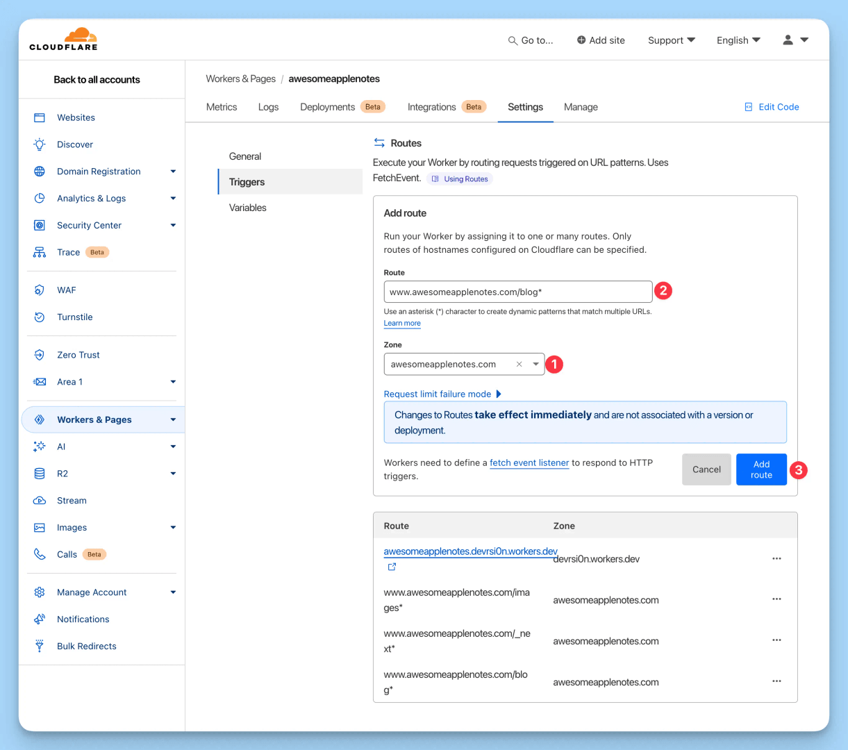 This image showcases the Cloudflare Workers & Pages settings interface, specifically the 'Routes' configuration. The user is in the process of adding a new route, defining the URL pattern and zone for their worker. The interface highlights the immediate effect of route changes and the need for a fetch event listener.