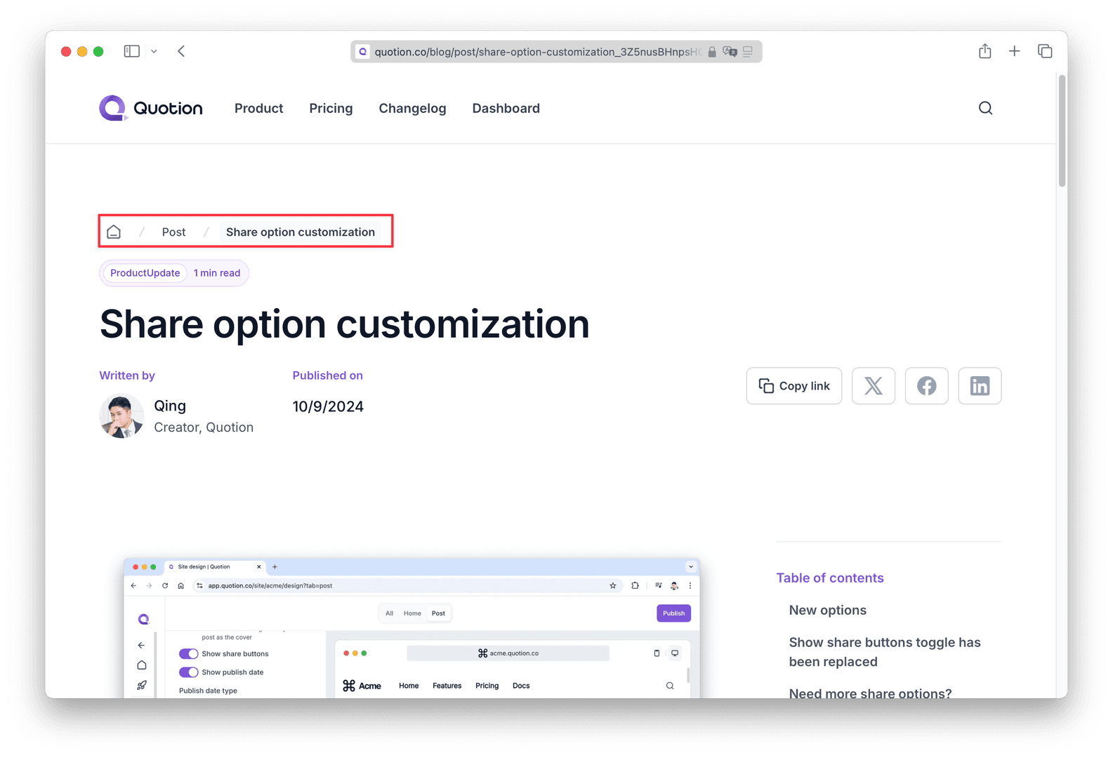 This blog post, titled 'Share option customization,' discusses new options and changes to share buttons. The article, written by Qing, creator of Quotion, was published on October 9, 2024. The image shows a screenshot of the blog post with a table of contents and a preview of the share options.
