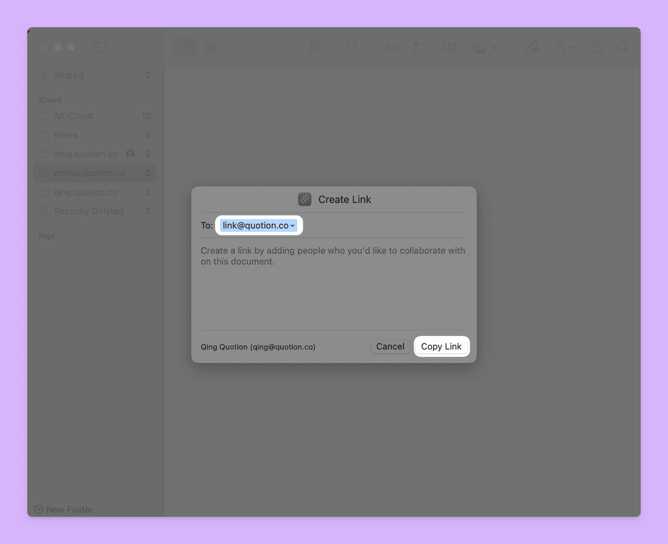 The image shows a 'Create Link' dialog box on a Mac, likely for document collaboration. The user is prompted to enter an email address, with 'link@quotion.co' pre-filled. The options include 'Cancel' and 'Copy Link,' suggesting the user is about to share a document.