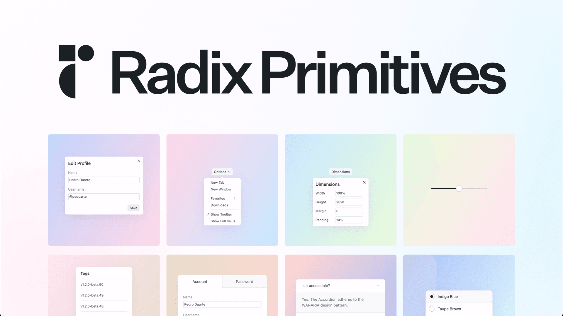 The image showcases a design system called 'Radix Primitives,' featuring various UI components. Each component, such as 'Edit Profile,' 'Options,' and 'Dimensions,' is presented within a colorful, gradient-filled box. The overall mood is clean and modern, highlighting the system's focus on accessible and well-designed UI elements.