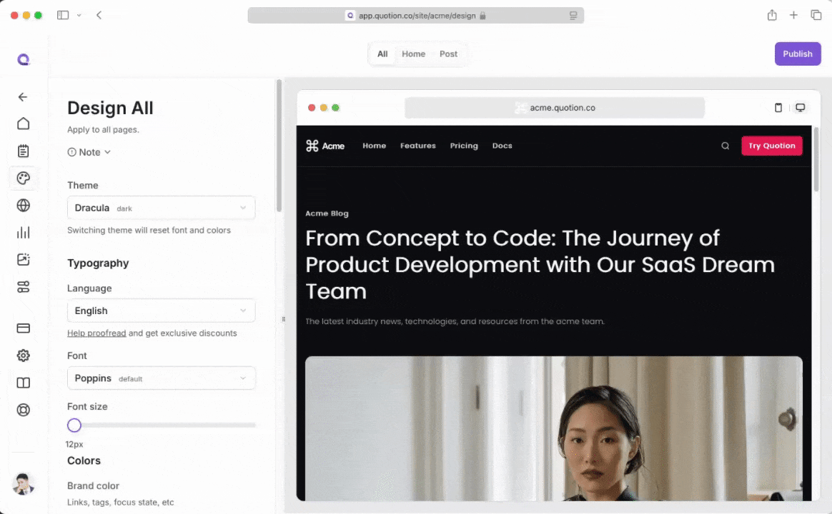 The image showcases a website design interface with a focus on the 'Design All' section, allowing users to customize the theme, typography, and colors. The website displays a blog post titled 'From Concept to Code: The Journey of Product Development with Our SaaS Dream Team' on a dark theme. The overall mood is professional and modern, with a clean and user-friendly interface.