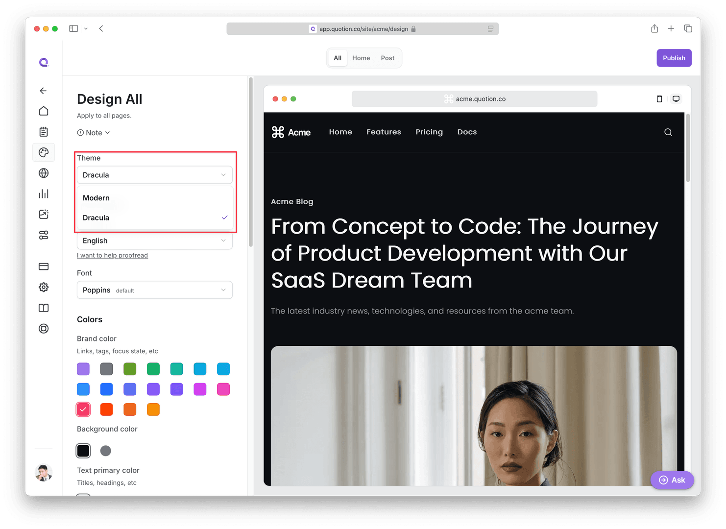 The image showcases a website design interface with a focus on the 'Theme' customization options. The user has selected the 'Dracula' theme, as indicated by the checkmark, which is applied to the blog post preview on the right. The interface features a clean, modern design with a dark color scheme, reflecting the selected theme.