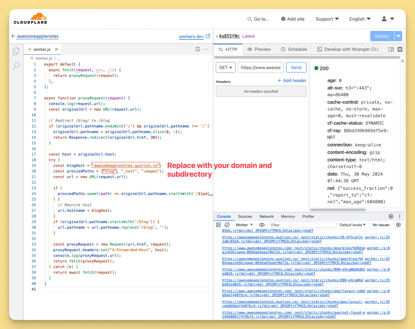 The image showcases a Cloudflare worker script within the workers.dev interface, specifically the 'worker.js' file. The code is designed to proxy requests, with a focus on rewriting the host and handling specific paths like '/blog.' The script includes a comment prompting the user to replace the domain and subdirectory for proper functionality.