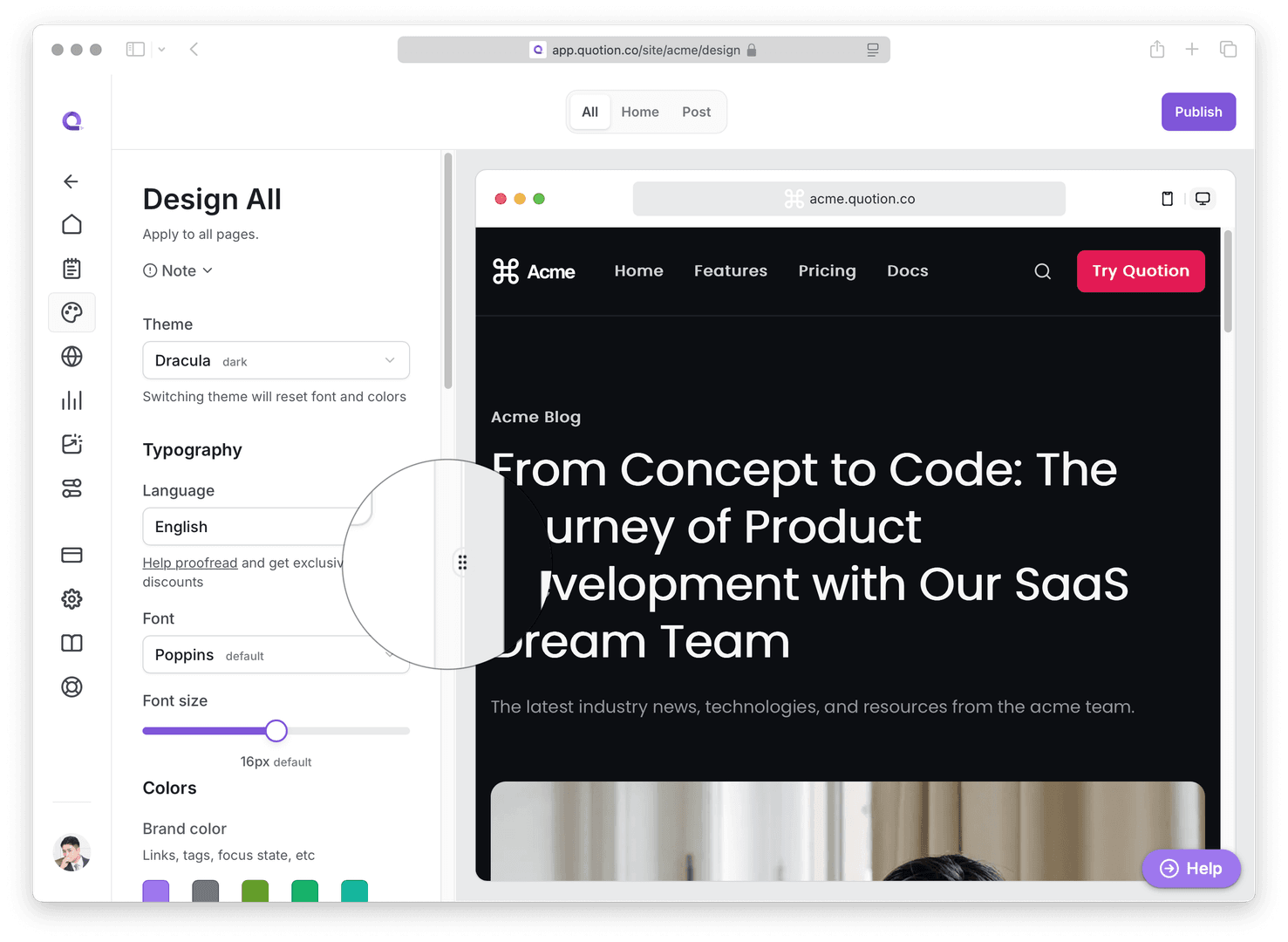 The image showcases a website design interface with the title 'Design All' on the left sidebar, allowing users to customize various elements. The main focus is on the 'Acme Blog' section, displaying a blog post titled 'From Concept to Code: The Journey of Product Development with Our SaaS Dream Team.' The overall mood is professional and modern, with a clean layout and a dark theme selected.