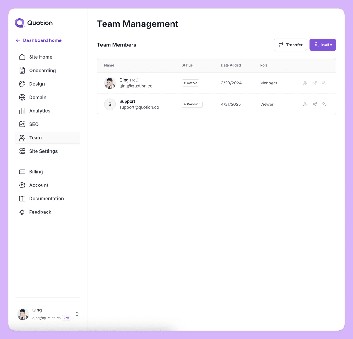 The image showcases the 'Team Management' section of a platform, displaying a list of team members. The interface has a clean, modern design with a purple and white color scheme. The table lists each member's name, status, date added, and role, with options to transfer or invite new members.