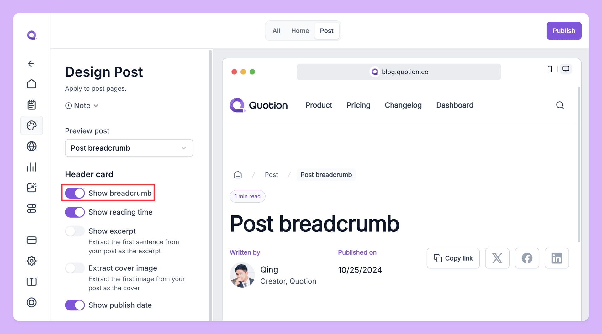 The image showcases a user interface for designing a blog post, with the title 'Design Post' prominently displayed. The focus is on the 'Header card' section, where the user can toggle the 'Show breadcrumb' feature. The interface has a clean, modern design with a purple and white color scheme, suggesting a user-friendly and intuitive experience.