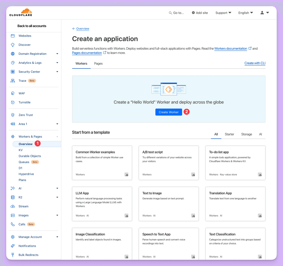 This image showcases the Cloudflare Workers dashboard, where users can create and manage serverless applications. The interface offers options to build applications from scratch or start with templates, including examples like 'Common Worker examples' and 'Text to Image.' The 'Create Worker' button is highlighted, inviting users to begin building their applications.