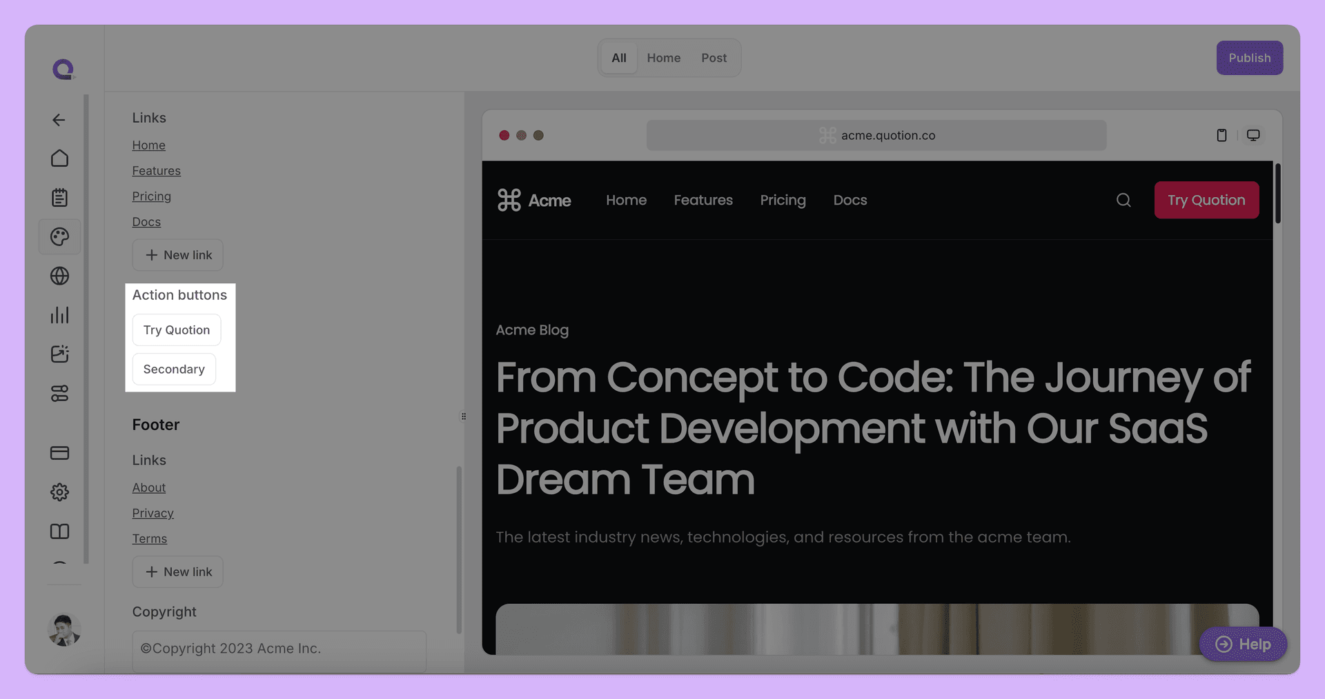 The image showcases a website design interface with a focus on the 'Action buttons' section in the left sidebar. The main content area displays a blog post titled 'From Concept to Code: The Journey of Product Development with Our SaaS Dream Team.' The overall mood is clean and modern, with a dark theme and a prominent 'Try Quotion' button.