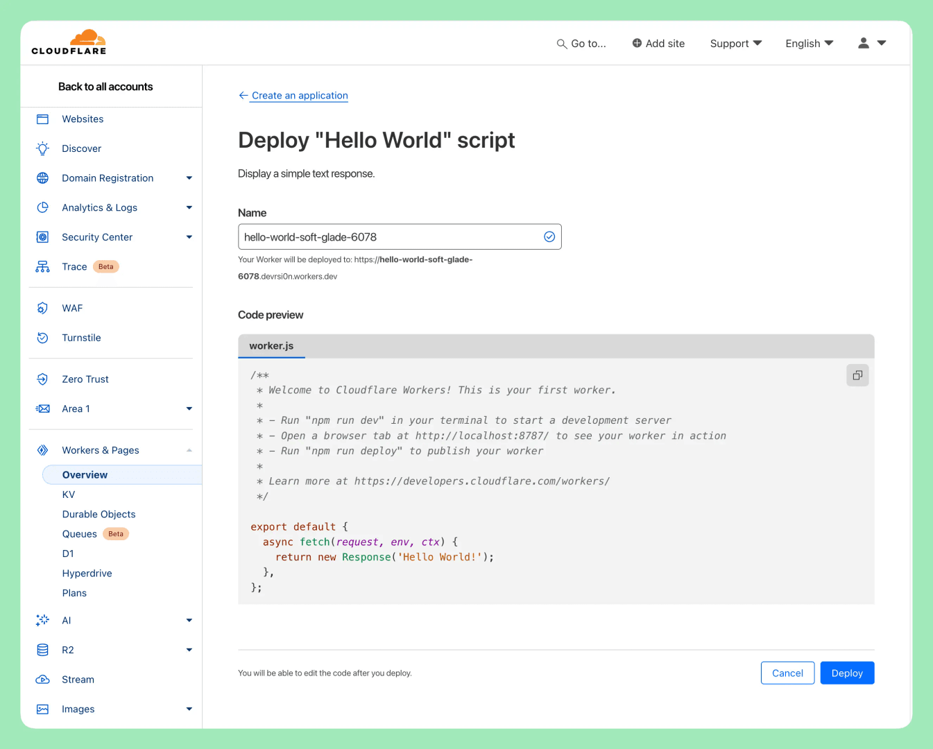 The image showcases the Cloudflare Workers interface, specifically the 'Deploy 'Hello World' script' section. It displays the code preview for a simple text response, allowing users to deploy a basic worker. The interface has a clean, modern design with a focus on functionality and ease of use.