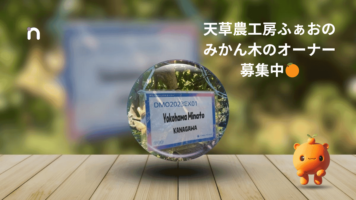天草農工房ふぁおのみかん木のオーナーを募集中です!画像中央には「DMO2023EX01 Yokohama Minato KANAGAWA」と書かれた透明な球体が浮かび、右下には可愛らしいみかんのキャラクターがいます。木目調の床と緑豊かな背景が、自然で温かい雰囲気を醸し出しています。