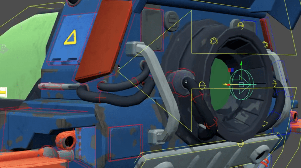 This close-up shot reveals a detailed 3D model, likely from a video game or animation project, showcasing intricate design elements and textures. The blue and orange components, along with the visible wires and pipes, suggest a mechanical or futuristic device, possibly a vehicle or weapon. The presence of a yellow triangle symbol and various modeling tools indicates an ongoing development or design process.