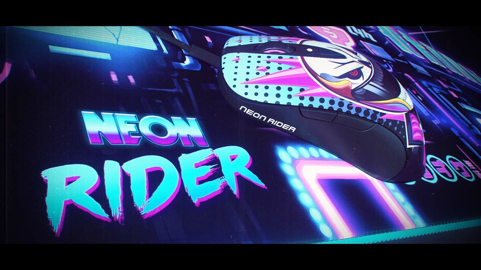 Dive into the vibrant world of 'Neon Rider' with this eye-catching gaming setup! A sleek black mouse, adorned with a cool duck-like character and retro patterns, rests on a matching mousepad. The entire scene is bathed in electric blues and hot pinks, evoking a nostalgic 80s synthwave aesthetic that's perfect for any gamer looking to add some flair to their desk.