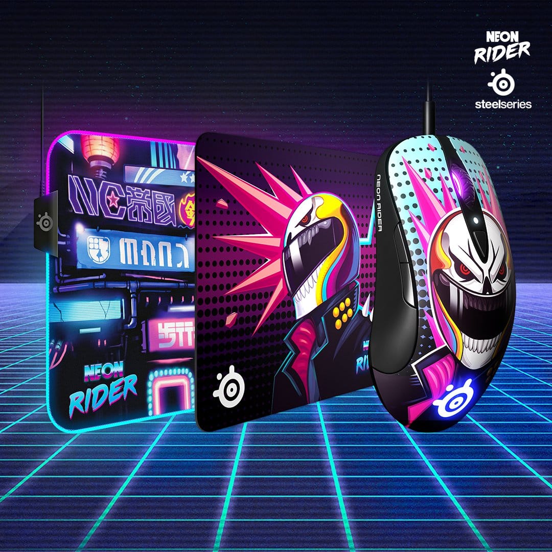 Dive into the vibrant world of 'NEON RIDER' with this eye-catching SteelSeries gaming gear. The image showcases a mouse, mousepad, and what appears to be a phone case, all adorned with a striking, neon-infused design featuring a skull-faced rider in a helmet. The overall mood is energetic and edgy, set against a futuristic grid background that perfectly complements the cyberpunk aesthetic of the collection.