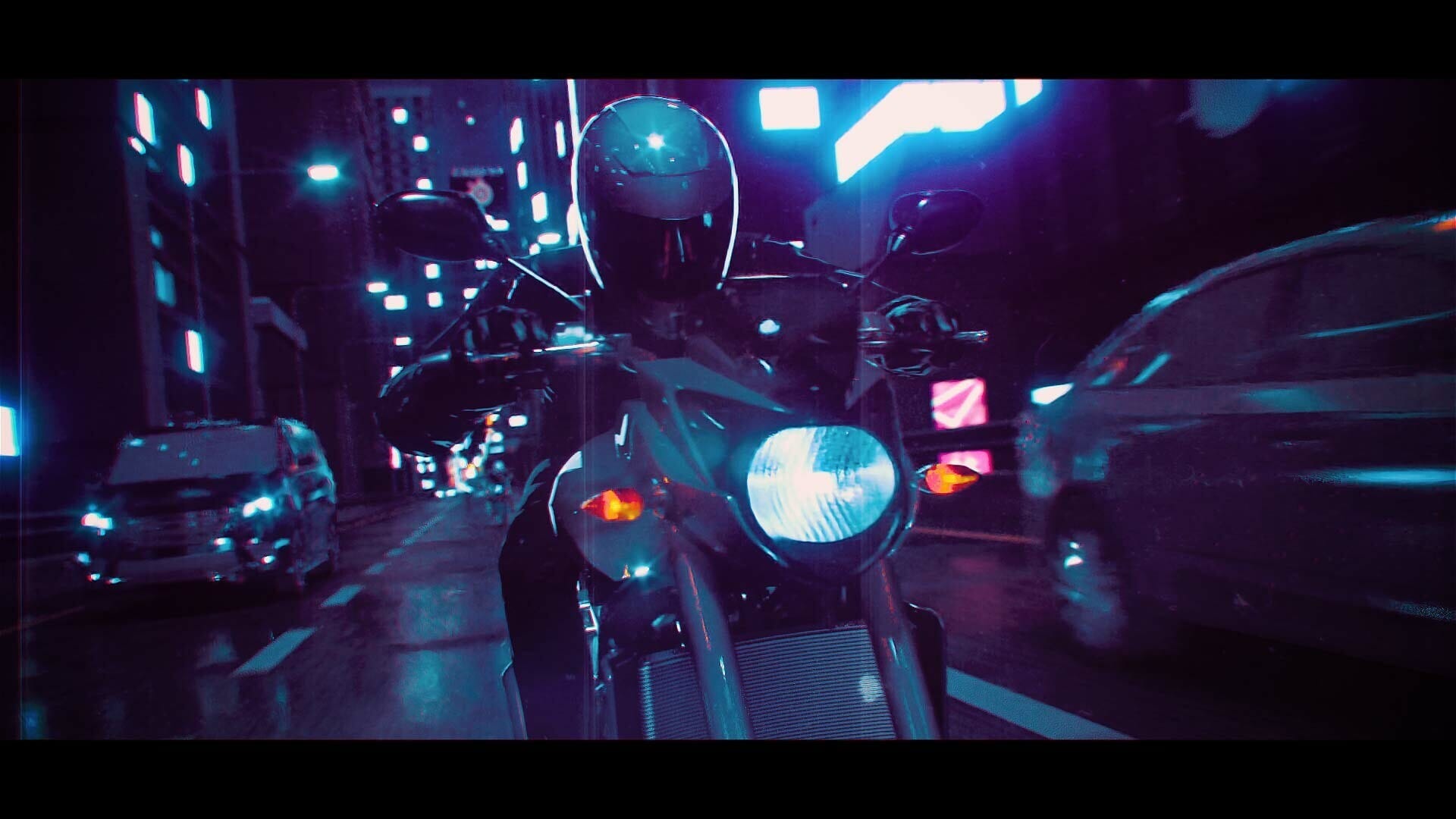 A motorcyclist in a helmet rides through a neon-lit city at night, with cars visible on either side. The scene has a futuristic, cyberpunk aesthetic, with vibrant blues and purples illuminating the dark urban landscape. The motion blur suggests speed and dynamism, capturing the thrill of a night ride.