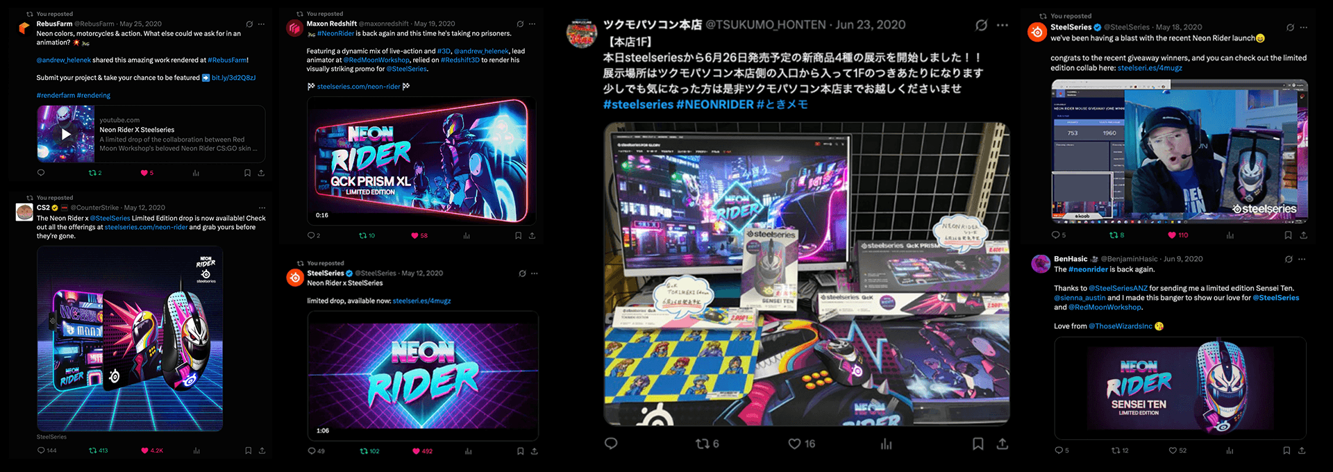 This image showcases a vibrant collection of 'NEON RIDER' themed SteelSeries gaming peripherals, including mice and mousepads, displayed in a store setting. The neon aesthetic, with its bright pinks, blues, and purples, evokes a retro-futuristic and energetic mood. Various social media posts from SteelSeries and collaborators highlight the limited edition drop, giveaways, and promotional content for the 'NEON RIDER' collection.