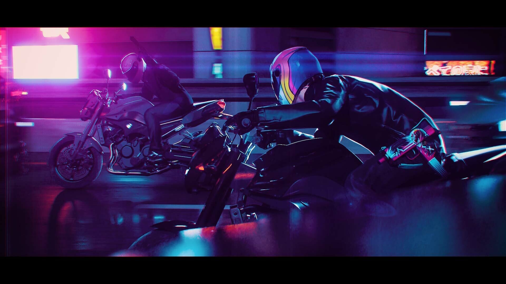 Two motorcyclists speed through a neon-lit cityscape at night, their bikes and helmets reflecting the vibrant pink and blue hues. The dynamic motion blur and futuristic aesthetic create an energetic and thrilling mood, reminiscent of a cyberpunk world. One rider sports a colorful helmet and a jacket with a striking graphic, adding to the image's cool and edgy vibe.