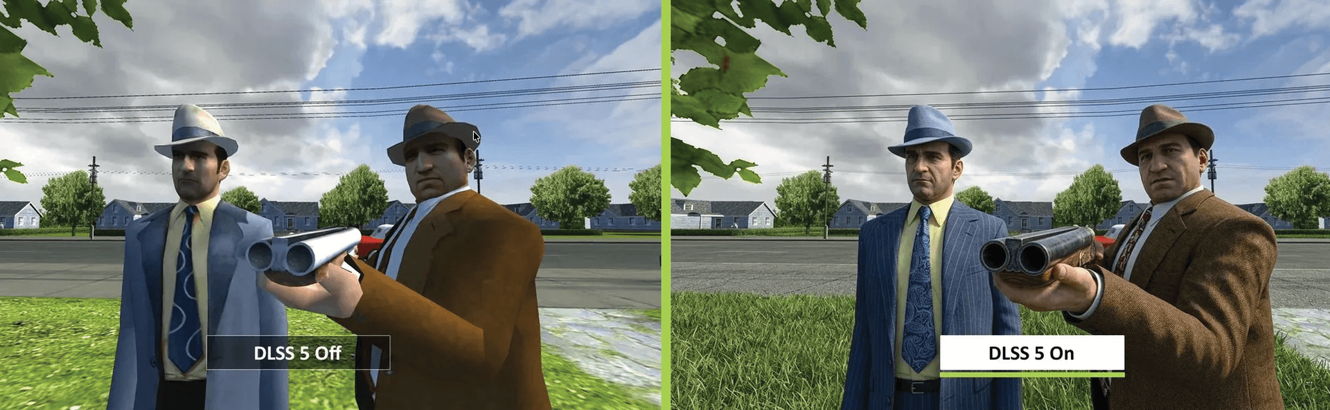 This split-screen comparison showcases the visual impact of DLSS 5 in a video game, with 'DLSS 5 Off' on the left and 'DLSS 5 On' on the right. Two characters, dressed in fedoras and suits, stand outdoors, one holding a shotgun. The 'DLSS 5 On' side exhibits noticeably sharper details, richer colors, and improved textures, particularly visible in the grass and the characters' attire, highlighting the enhancement provided by the technology.