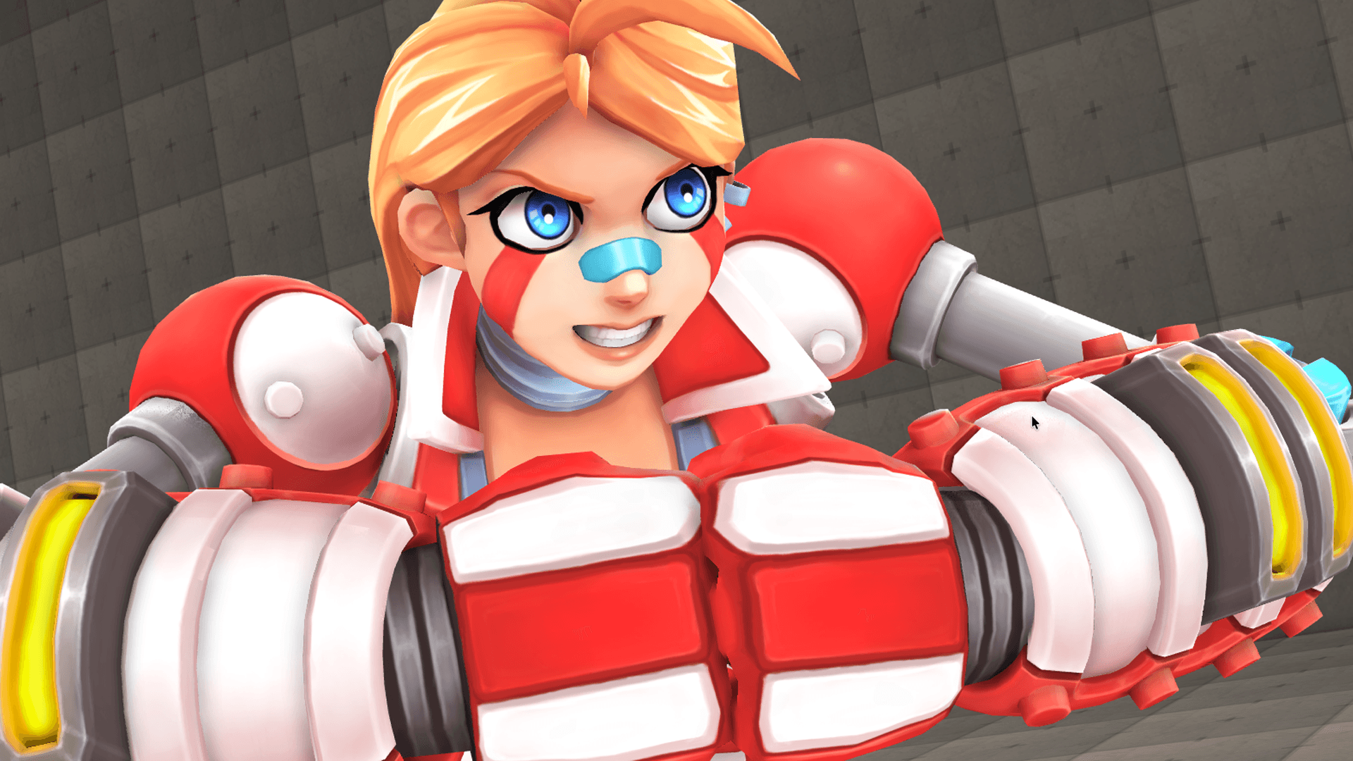This vibrant image showcases a determined female character with bright blue eyes and a light blue bandage on her nose, exuding a feisty and energetic mood. She is clad in striking red and white armor with mechanical elements, including large, powerful gauntlets that appear ready for action. The detailed rendering and dynamic pose suggest a character from a video game or animated series, poised for an exciting adventure.