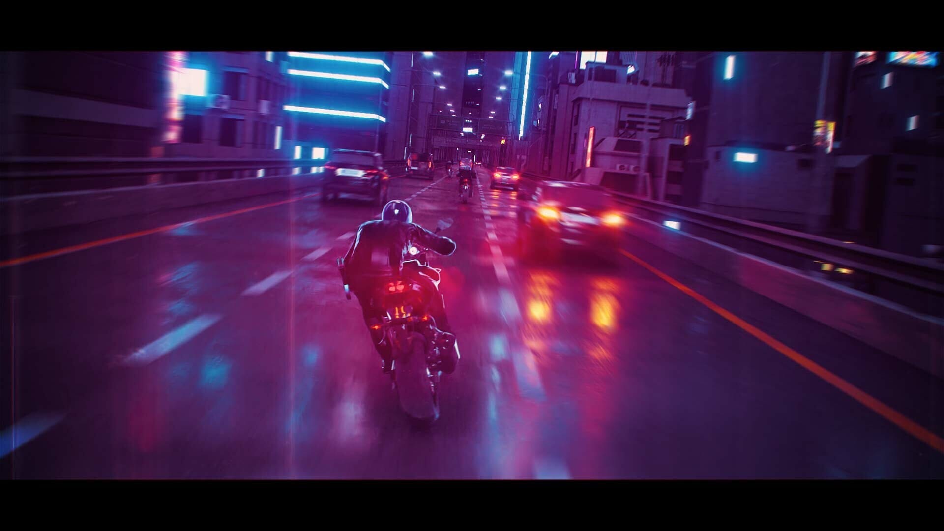 Speeding through a neon-drenched cityscape, a lone motorcyclist cuts through the vibrant night. The blurred lights of surrounding cars and buildings create a dynamic, futuristic atmosphere, evoking a sense of thrilling motion and urban adventure. This image captures the exhilarating energy of a late-night ride in a cyberpunk-inspired world.
