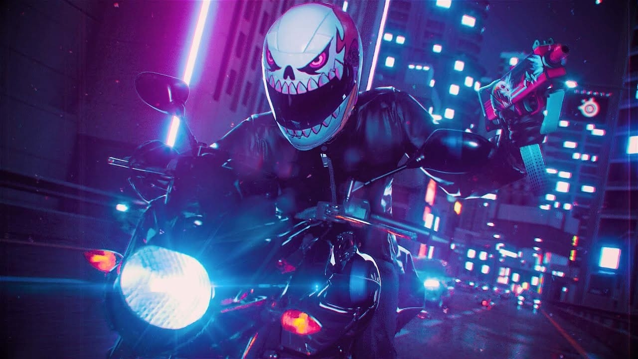 Rev up your engines for a thrilling ride through a neon-drenched cityscape! This image captures a motorcyclist in a striking skull-faced helmet, cruising through a vibrant, futuristic urban landscape. The intense purple and blue lighting, combined with the rider's menacing appearance and a weapon in hand, creates an edgy, cyberpunk vibe that's both exhilarating and mysterious.