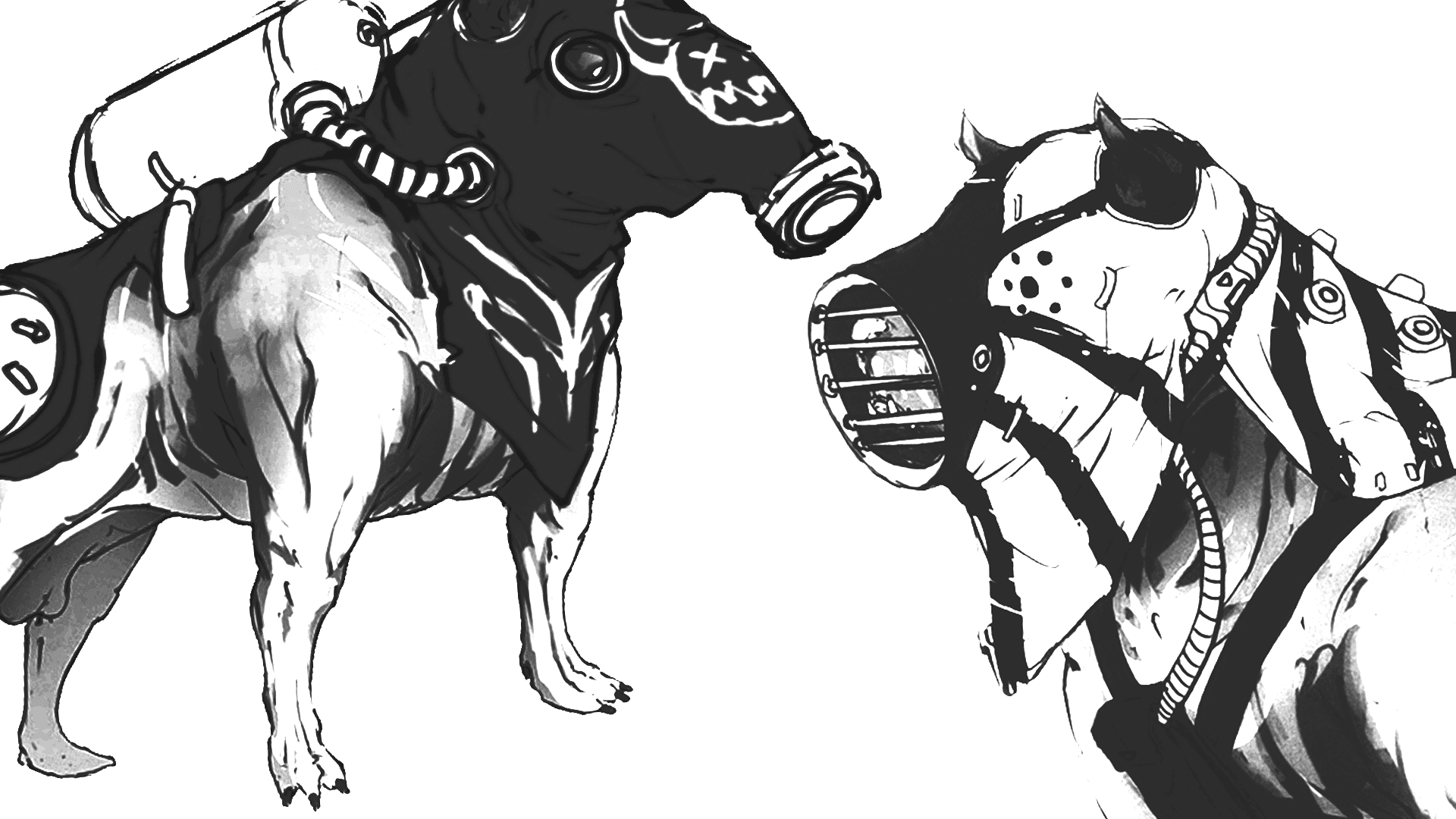This striking black and white illustration features two dogs in what appear to be futuristic or post-apocalyptic gear. The dog on the left wears a gas mask and a harness with a tank, while the dog on the right has a more intricate, armored headpiece with a grill-like muzzle. The overall mood is one of gritty sci-fi or dystopian adventure, showcasing detailed mechanical elements against a stark white background.