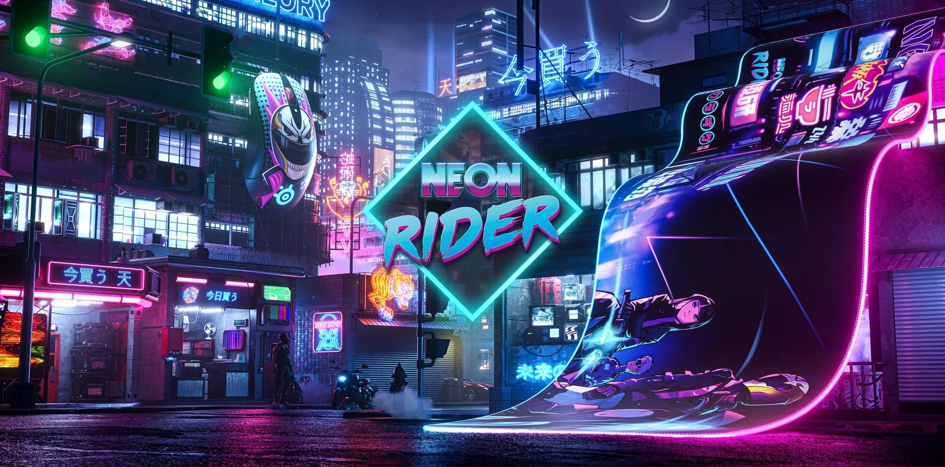 Step into the vibrant, futuristic world of 'NEON RIDER,' where a cyberpunk city glows with electric blues, purples, and pinks. A dynamic, glowing ribbon unfurls across the scene, showcasing stylized figures on futuristic vehicles, hinting at high-speed adventures. The urban landscape is alive with neon signs and intricate details, creating an immersive atmosphere of a bustling, technologically advanced metropolis.